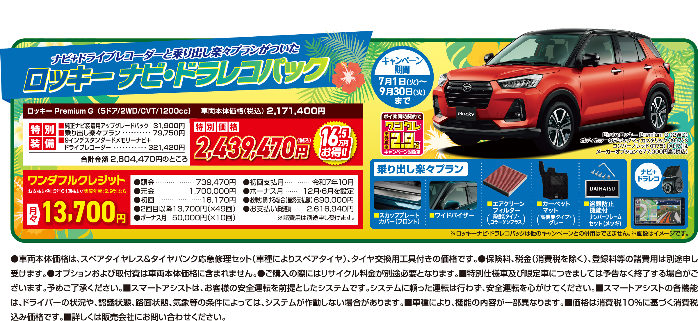 ナビ+ドライブレコーダーと乗り出し楽々プランがついた ロッキー ナビ・ドラレコパック